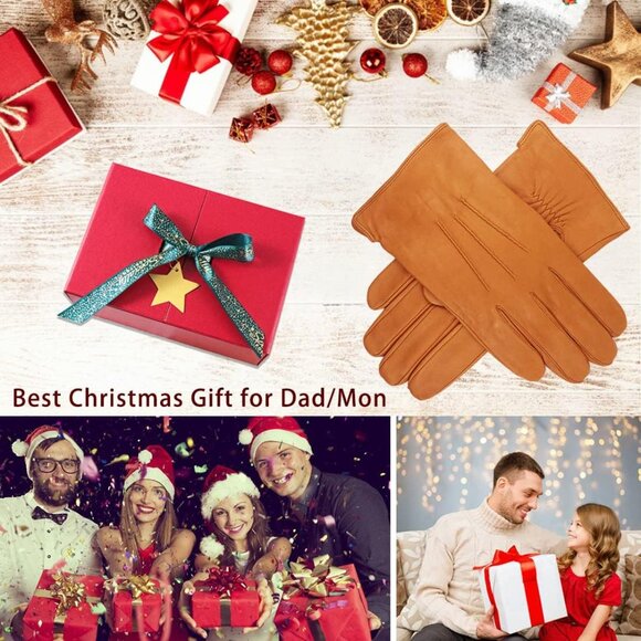 Men's Tan Luxury Italian Cashmere Sheepskin Wool Lined Genuine Leather Gloves - Picture 8 of 9